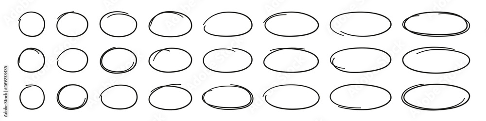 Poster hand drawn ovals and circles set. ovals of different widths. highlight circle frames. ellipses in do