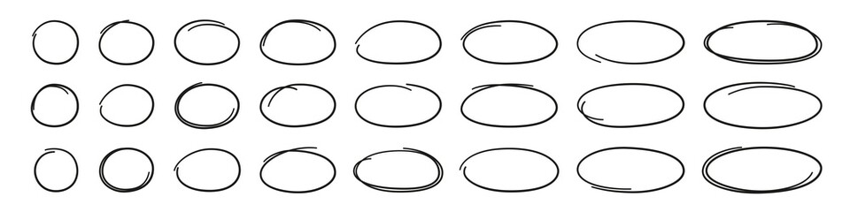Hand drawn ovals and circles set. Ovals of different widths. Highlight circle frames. Ellipses in doodle style. Set of vector illustration isolated on white background. - 469233435