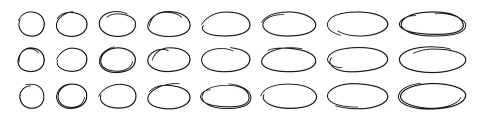 Tuinposter Hand drawn ovals and circles set. Ovals of different widths. Highlight circle frames. Ellipses in doodle style. Set of vector illustration isolated on white background. © Elena Pimukova