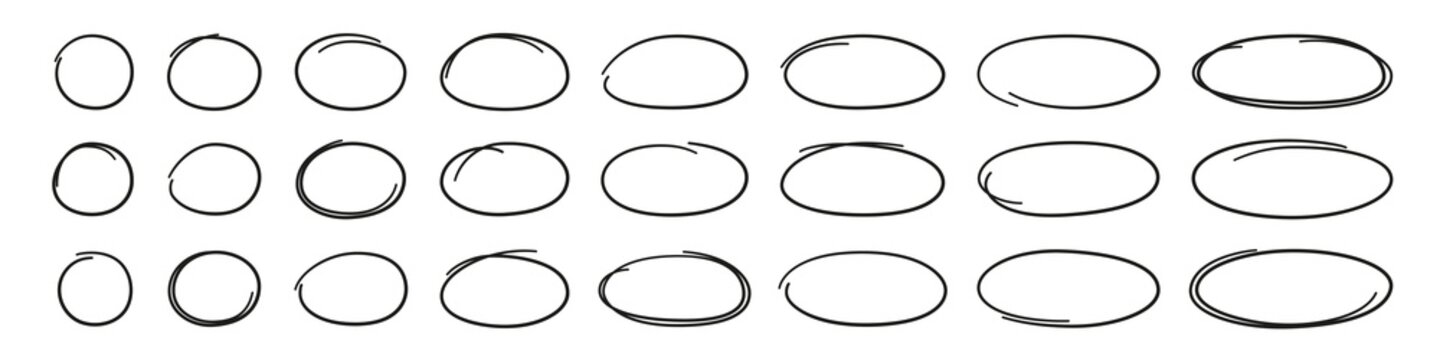 Hand drawn ovals and circles set. Ovals of different widths. Highlight circle frames. Ellipses in doodle style. Set of vector illustration isolated on white background.