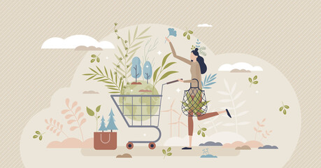 Eco friendly consumer with sustainable shopping habits tiny person concept. Environmental care with reusable and green product choices vector illustration. Buy responsible and ecological groceries. - obrazy, fototapety, plakaty
