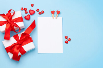 Valentines day greeting card with heart sweets and gift boxes