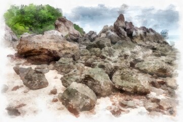 rocky beach by the sea watercolor style illustration impressionist painting.