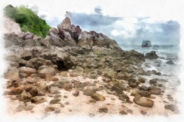 rocky beach by the sea watercolor style illustration impressionist painting.