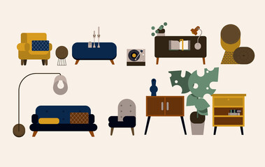 Set of trendy sofas, chairs, armchairs, ottomans, and couches with cushions in retro mid-century style. Modern soft furniture collection. Colored flat vector illustration isolated on white background.