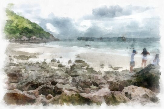 rocky beach by the sea watercolor style illustration impressionist painting.