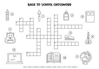 Black and white space crossword for kids with cute kawaii school supplies.