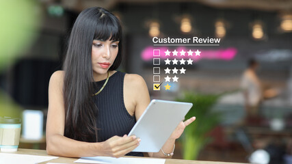 Unhappy caucasian woman with coffee and rating sadness emotion face icon with one star bad rating...