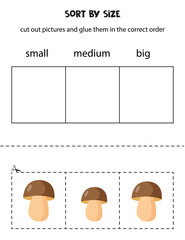 Sort pictures by size. Educational worksheet for kids.