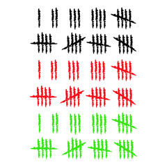 Set of tally marks with grunge texture in black, red, green colors. Counting sign. Hand made brush. Simple vector illustration.