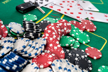 The game chips and palying cards for betting in gambling