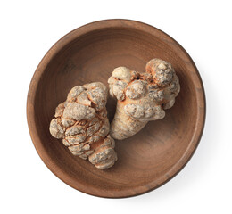 Dried notoginseng in the wooden bowl,  isolated on white background, top view