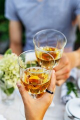 Happy family having dinner at the summer garden party and clinking drinks. People say toast and drink. Festive family dinner in the backyard. Male and female hands holding glasses of wine. Lifestyle