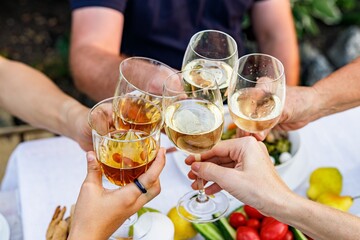Happy family having dinner at the summer garden party and clinking drinks. People say toast and drink. Festive family dinner in the backyard. Male and female hands holding glasses of wine. Lifestyle