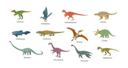 Prehistoric animals set. Antique birds, fishes, dinosaurs, amphibious with names inscription