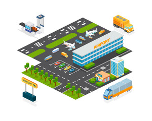 Obraz premium Airport facade infrastructure isometric building exterior for business and travel transportation