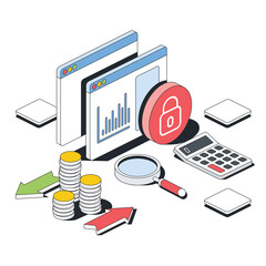 Fototapeta premium Graph charts lock padlock, money coins arrows, calculator, magnifier search. Vector 3d sketch line isometric style, color icon illustration. Creative design idea and infographics elements.