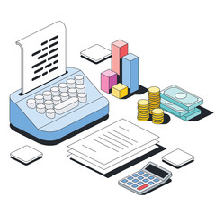 Typewriter, graph chart, money, documents, calculator. Vector 3d sketch line isometric style, color icon illustration. Creative design idea and infographics elements.