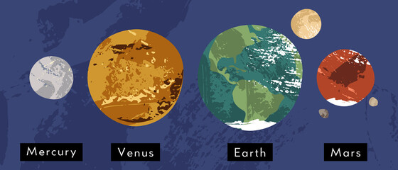 Mercury, Venus, Earth, Mars. Terrestrial planet, telluric or rocky planet. Solar system. Planet and moon, satellite. Astronomy, astrophysics. Vector flat cartoon cosmic illustration - 469236211