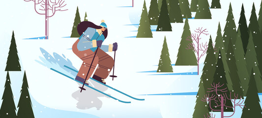 skier woman sliding down sportswoman skiing doing activities winter vacation concept snowfall landscape