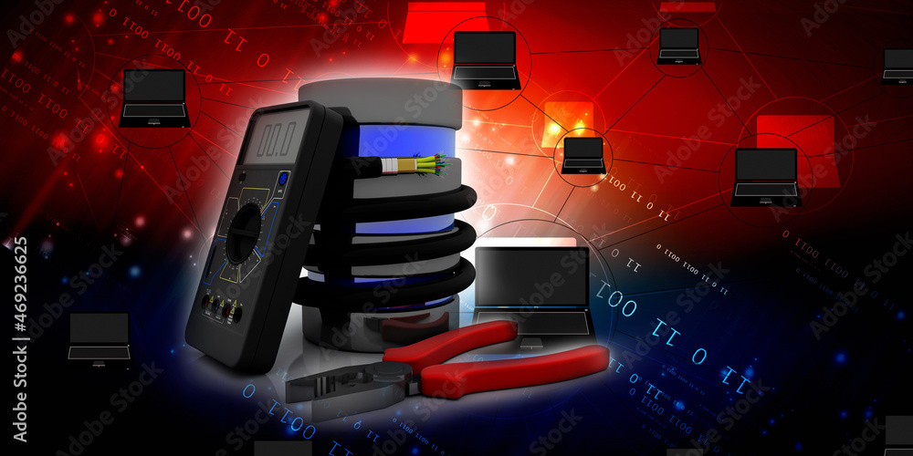 Poster 3d rendering fiber optical cable detail connected database with multi meter near cutting player