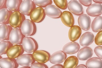 3d render of pink and gold easter egg wreath on a gossamer pink background