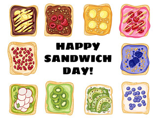 Happy sandwich day postcard. Toast bread sandwiches with peanut butter, fruits and berries healthy poster. Breakfast or lunch vegan food. Stock vegetarian food print