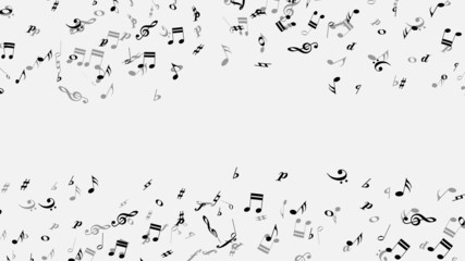 Flying music notes and symbols design. Banner for sound, song, presentation, audio. Vector illustration.