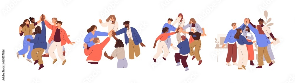 Poster team of business people celebrate success in work collaboration together, giving high five with joy.