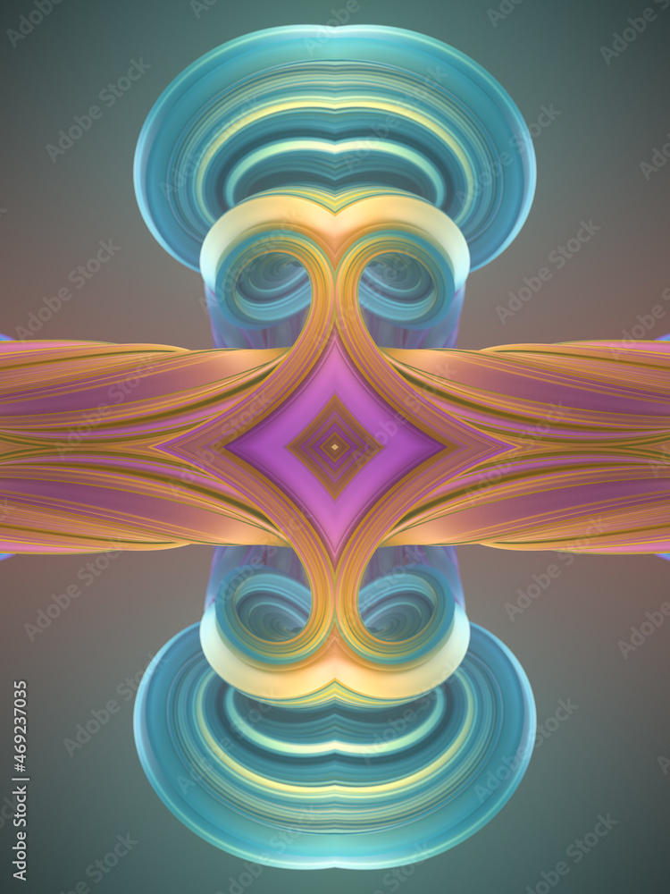 Poster fantasy 3d rendering cover design with colorful twisted kaleidoscopic shape. abstract digital illust