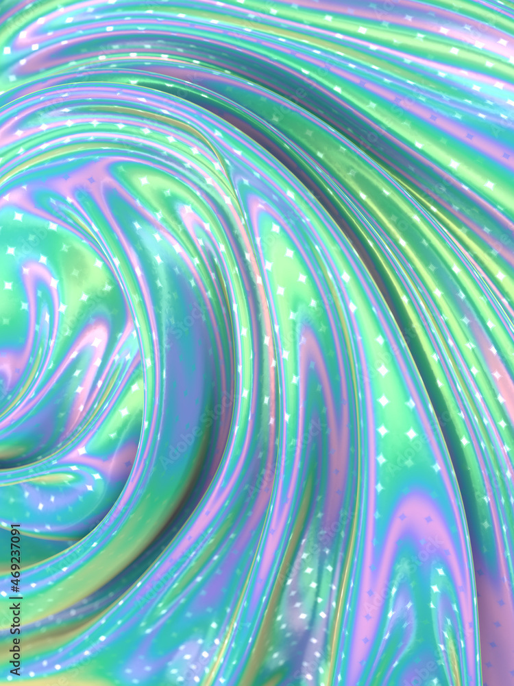 Poster iridescent wavy fabric with shiny diamonds geometric pattern. modern concept art. 3d rendering digit