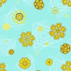 Schilderijen op glas Abstract flowers and triangles random seamless pattern. Yellow floral motifs irregular repeat surface design. Cute girlish endless texture. Textile, gift paper or notebook cover background. © Constellaurum