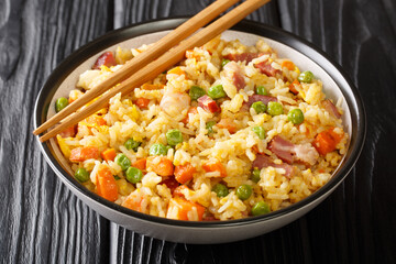 Chinese Egg Fried Rice Yang Chow Fried Rice close up in the plate on the table. Horizontal