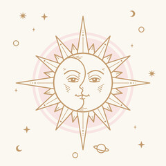 Gold atrology sun tarot boho style vector illustration