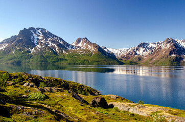 Fototapeta premium Mountain cliff covered with snow on the shore of the Norwegian fjord