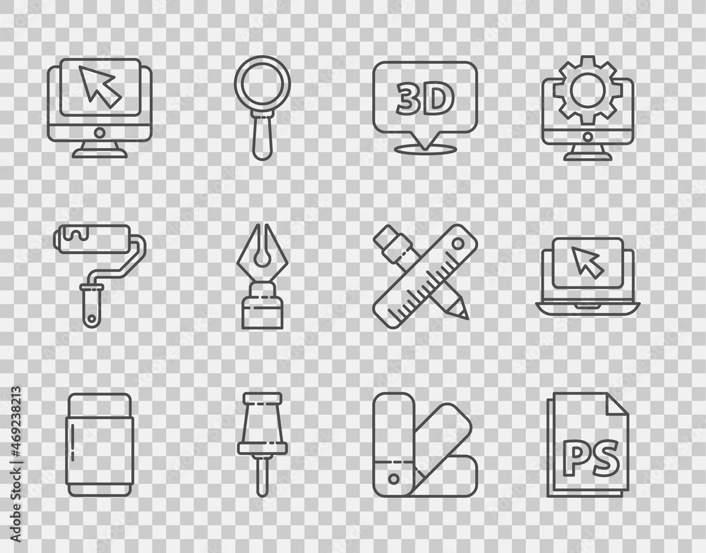Poster set line eraser or rubber, ps file document, speech bubble with text 3d, push pin, computer monitor 