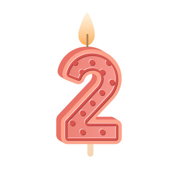 2 number-shaped birthday candle for second year anniversary. Two figure wax candlelight with flame for party cake for 2d bday. Colored flat vector illustration isolated on white background