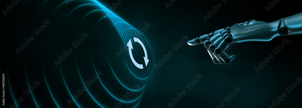 Aufkleber robot hand pressing virtual button software update install. 3d render.