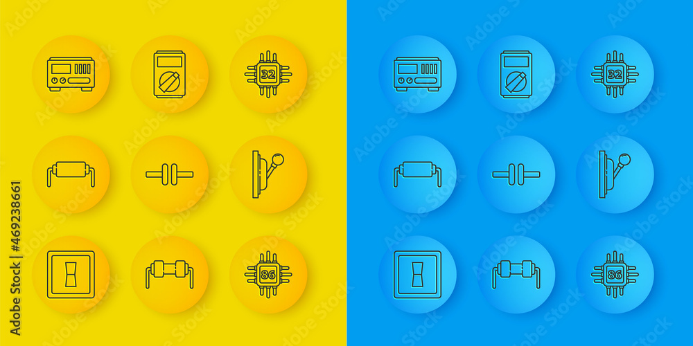 Poster set line electric light switch, resistor electricity, circuit scheme, processor with microcircuits c