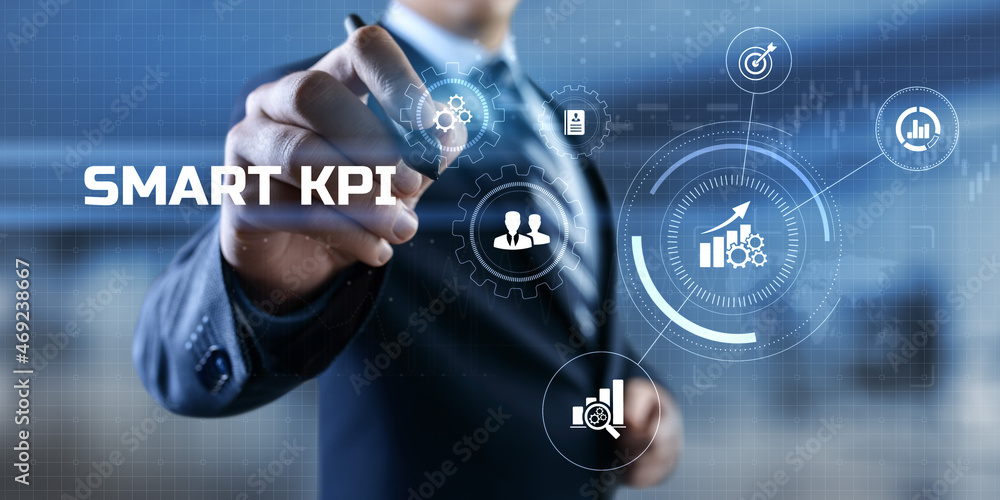 Poster smart kpi key performance indicator business technology concept on screen.