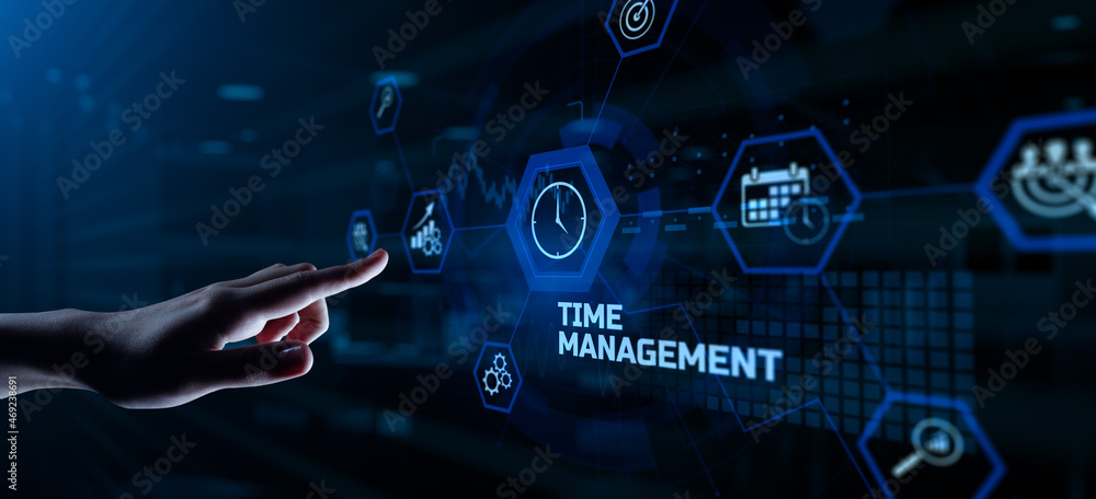 Aufkleber time management scheduling. hand pressing button on screen.