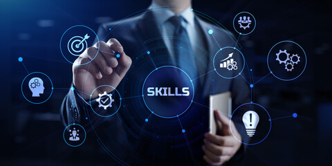 Skills education and personal development concept. Businessman pressing button on screen.