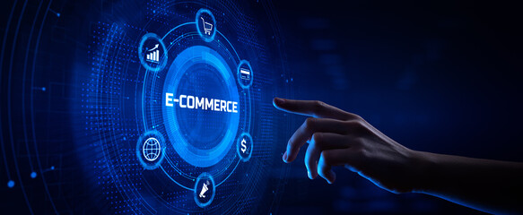 E-commerce Online marketing internet shopping. Hand pressing button on screen.