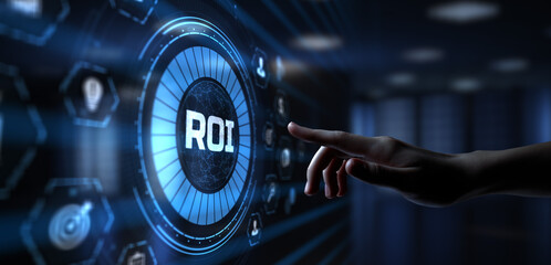 ROI Return on investment financial market stock trading concept. Hand pressing button on screen.