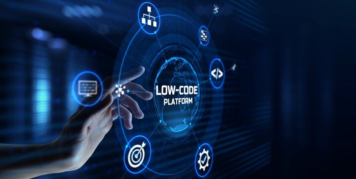 Low Code software development platform technology concept on screen.