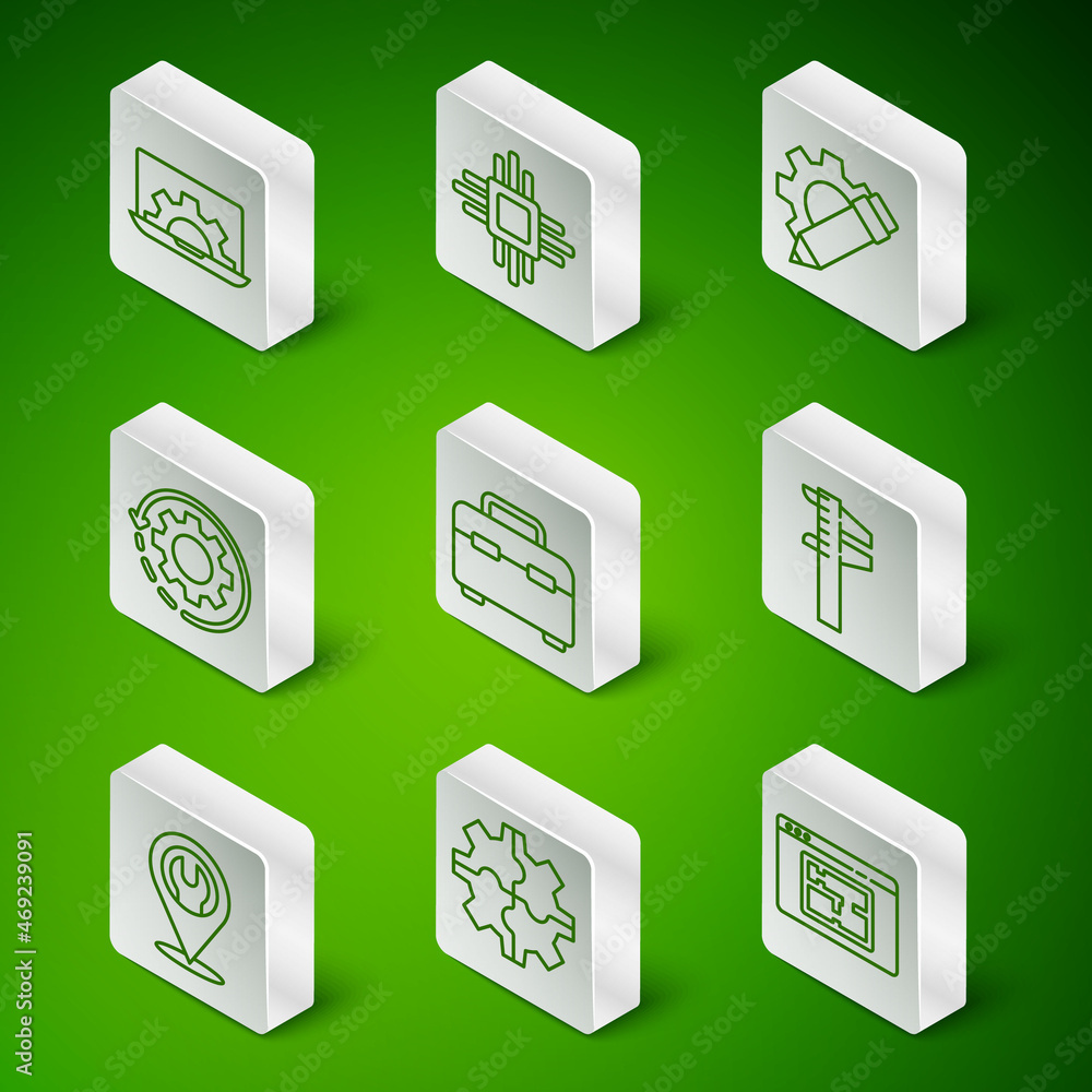 Poster set line house plan, gear, laptop and gear, toolbox, arrows as workflow, processor with microcircuit
