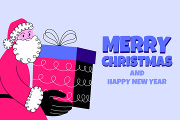 Santa Claus with gift boxes, Merry Christmas greeting card. Doodle, flat, cartoon style. Contour, outline. Banner.