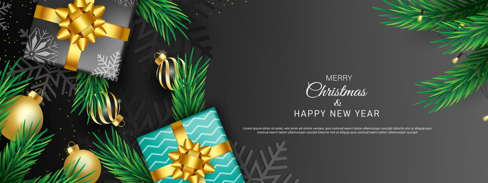 Merry christmas and happy new year banner template design with decorative christmas light.