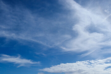 A group of white cumulus clouds in the blue sky background. The shape of the independent nature.