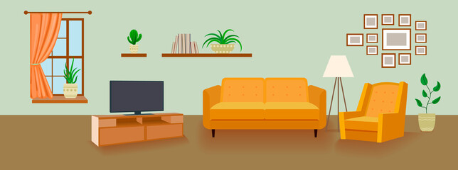 Living Room Background, Interior Cartoon Illustration, Background Template, Sofa, TV.